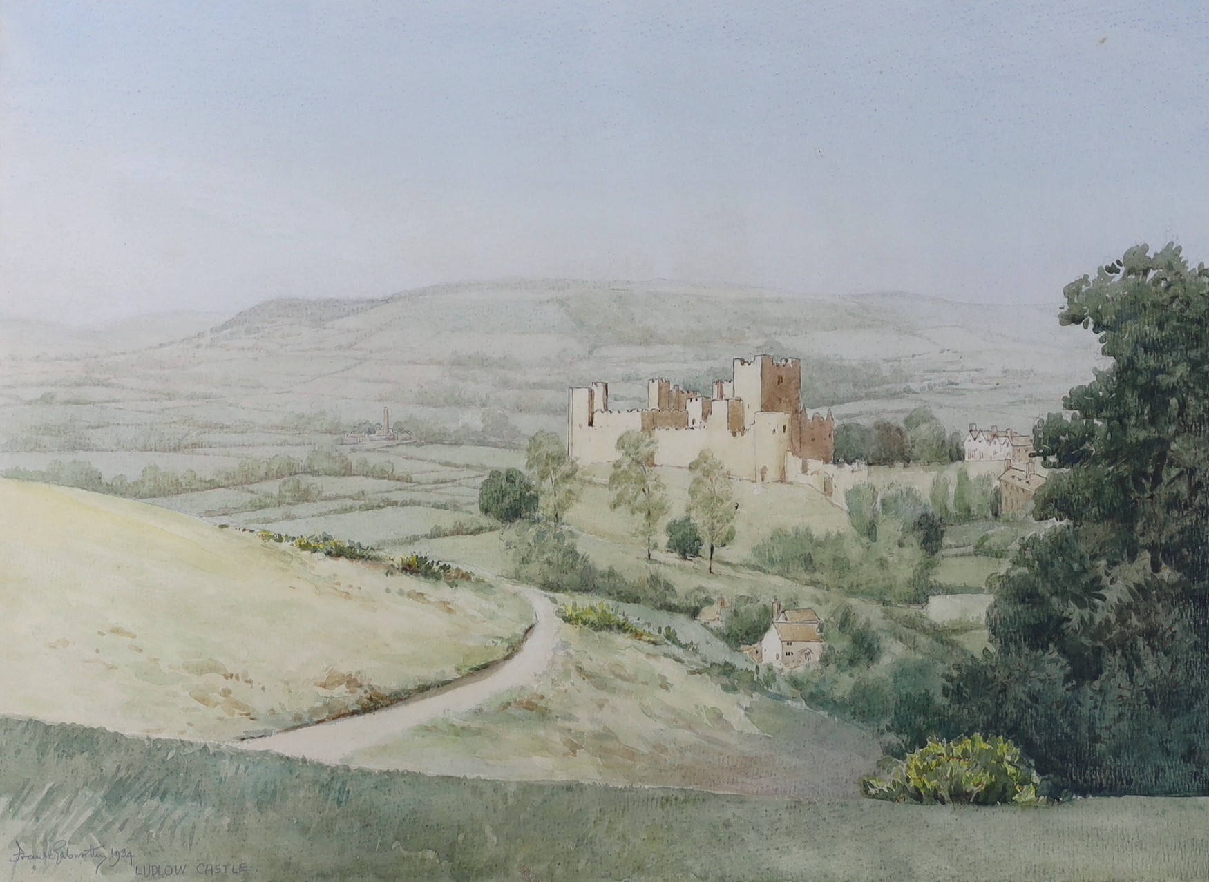 Frank Galsworthy (1863-1959), watercolour, View in high summer, rolling hills and View of Ludlow Castle, signed, inscribed, and dated 1934, 38 x 52cm
